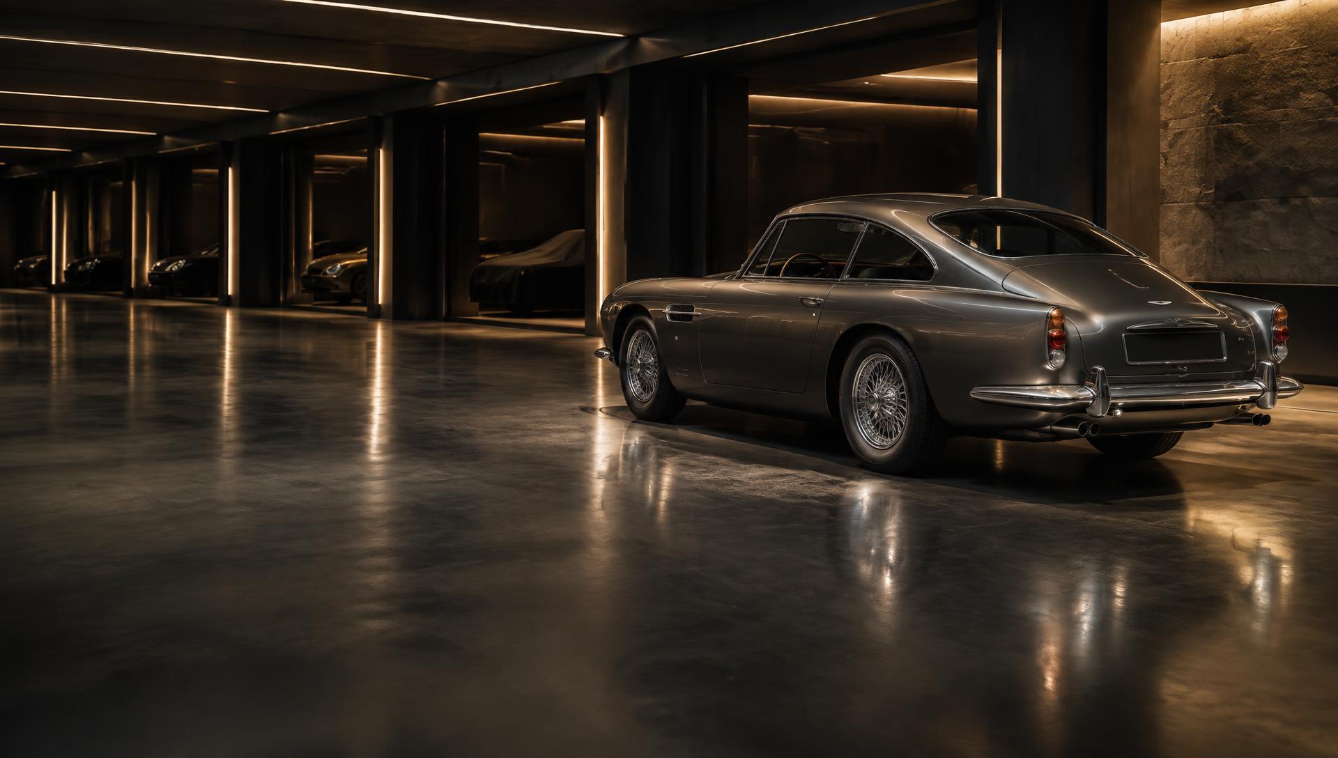 A classic grand touring car in a private storage facility
